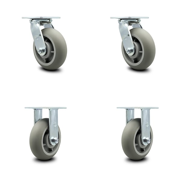 6 Inch Thermoplastic Rubber Caster Set with Roller Bearings 2 Swivel 2 Rigid SCC
